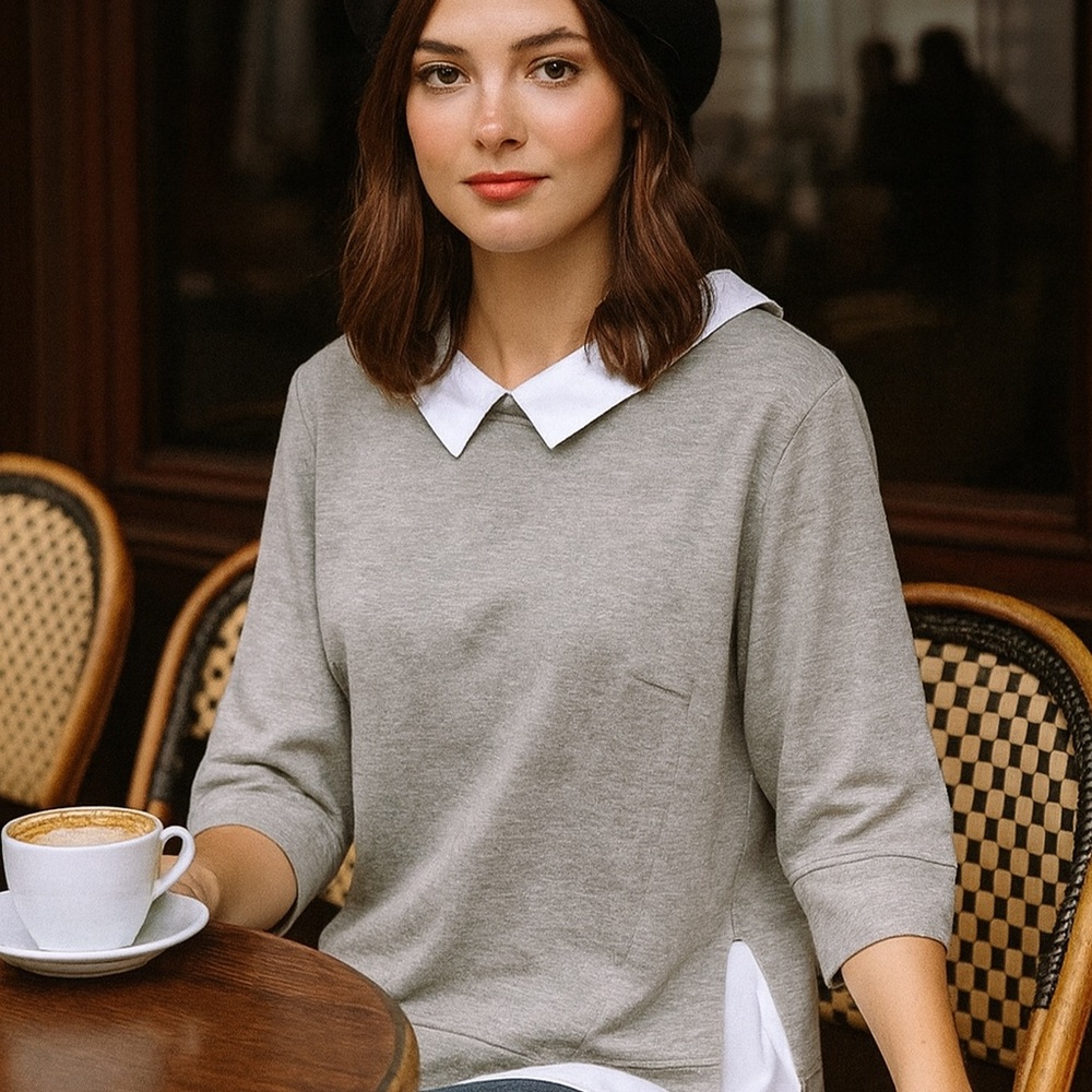 cop.copine SZ 42 (US 10/12) Grey 3/4 sleeve Layerl Top White Contrast Hem/Collar